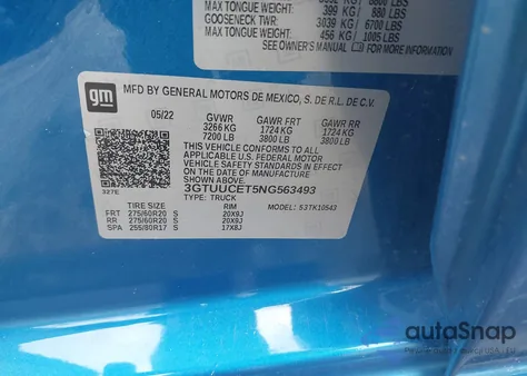 2022 GMC Sierra 1500 4Wd Short Box Elevation from USA, damaged, VIN 3GTUUCET5NG563493